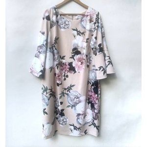 Calvin Klein Womens Shift Dress Multicolor Floral Scoop Bell Sleeve Zip Plus 18W